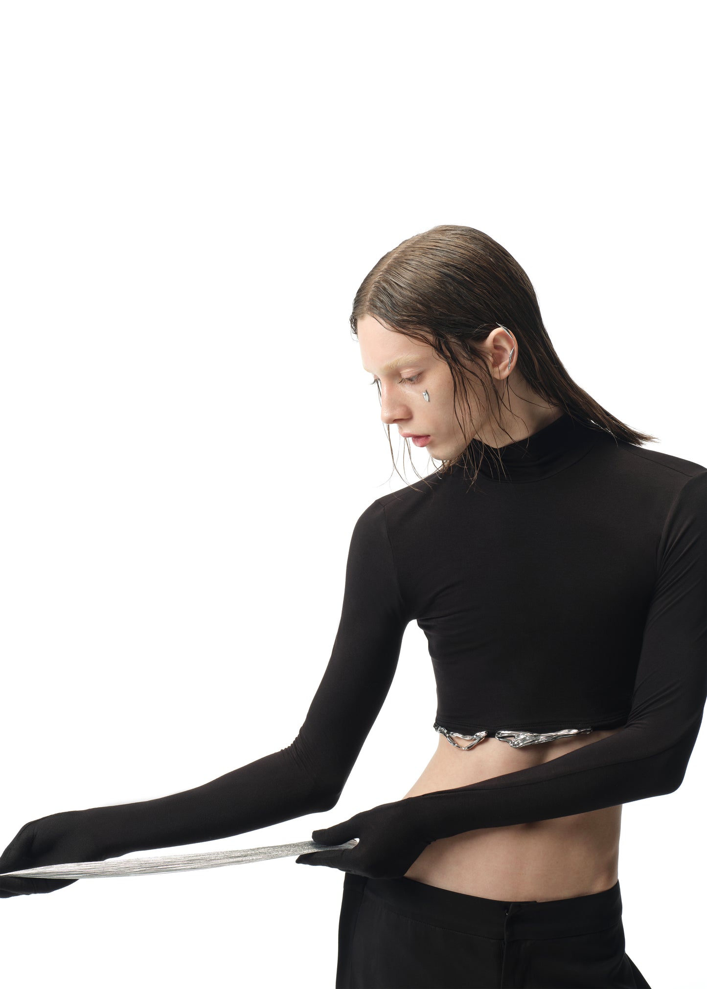 Cropped Turtleneck Top with Silver Hem