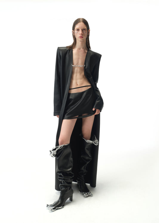 Leather Trench Coat with Silver Closure